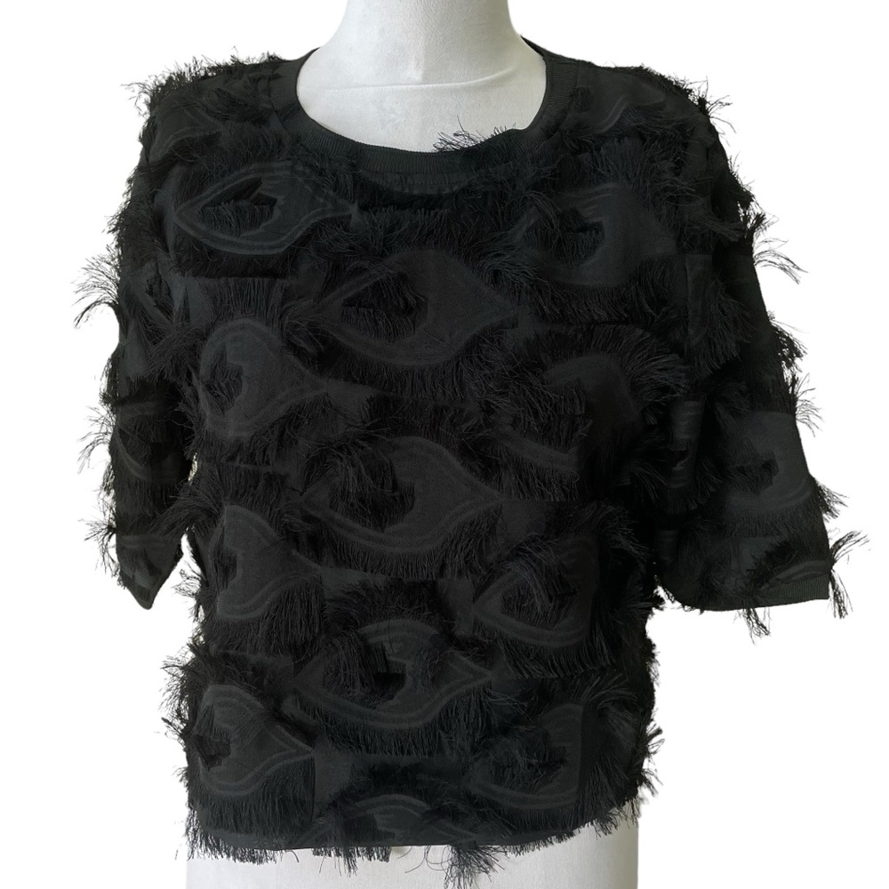 Anthropologie Chloe Oliver Black Feather Fringe Blouse Size XXS